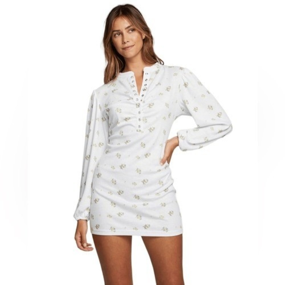 Chaser Shayla Mini Dress S White Floral Waffle Knit Long Sleeve Cottagecore NWOT